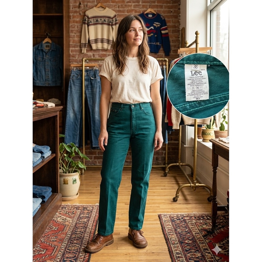Lee Vintage High Waisted Straight Leg Jeans Teal Green Cotton Denim Size 36